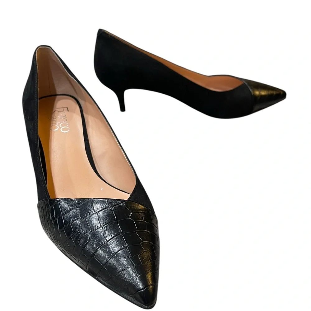 Franco Sarto Black Suede & Faux-Croc Leather Pointed Toe Kitten Heels - Picture 3 of 5